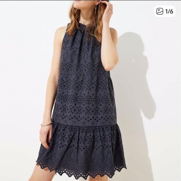 LOFT Dresses & Skirts - LOFT Dress Womens Dark Gray Blue Sleeveless Tiered Eyelet Loose Fit Chic Medium